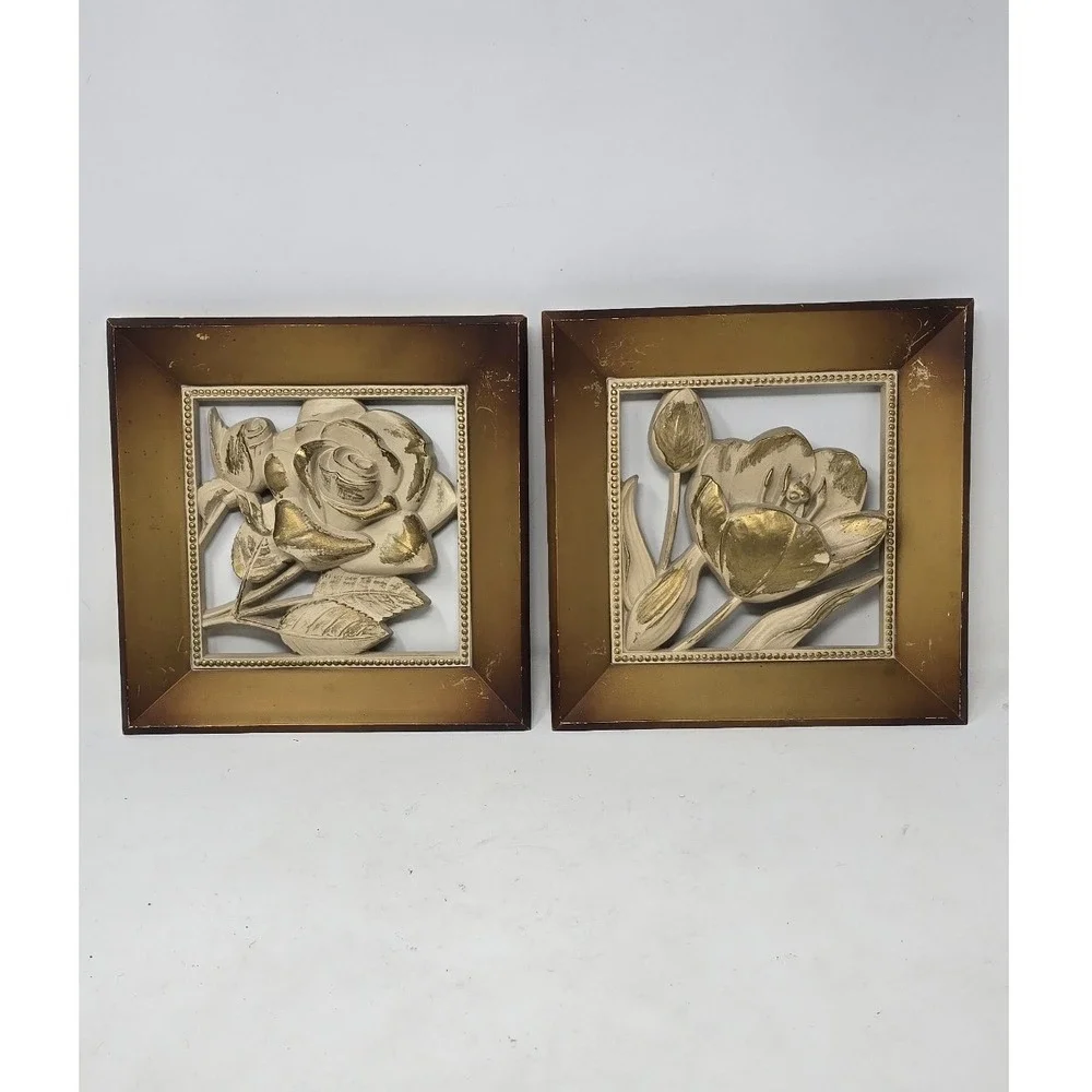 Vtg Syroco Hollywood Regency wall hanging plaques set of 2 flower mid century